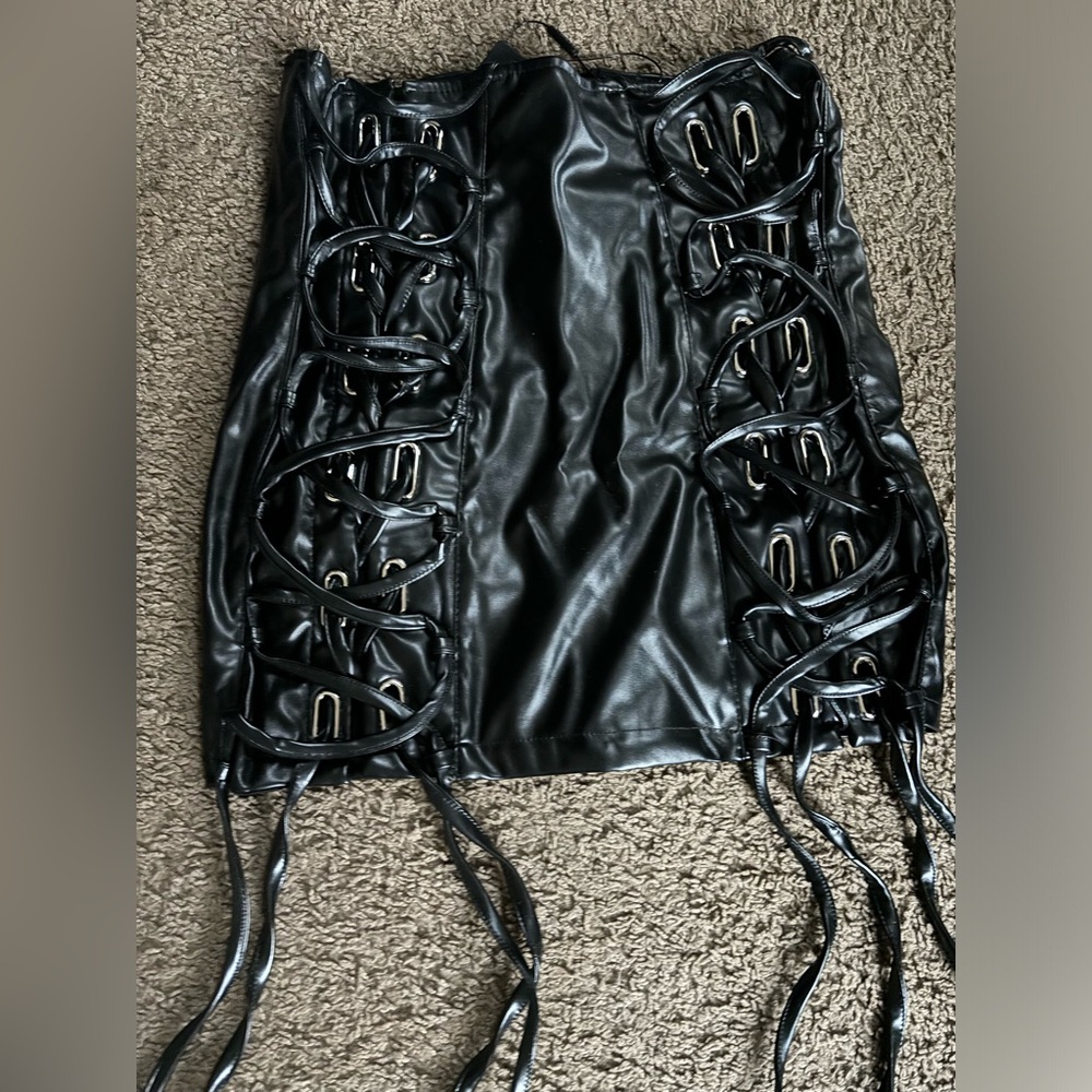 Black leather lace up skirt